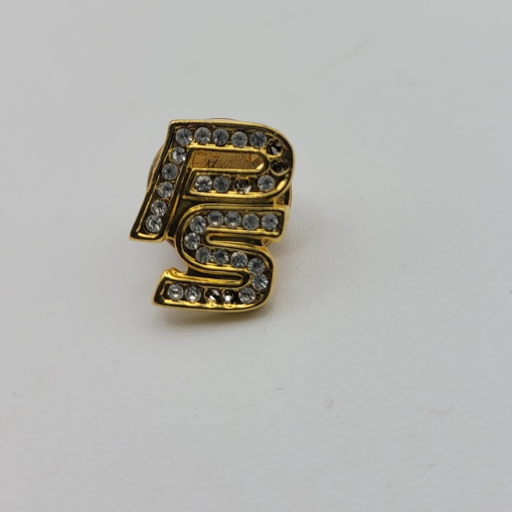 Gold Initial PS Brooch with Rhinestones